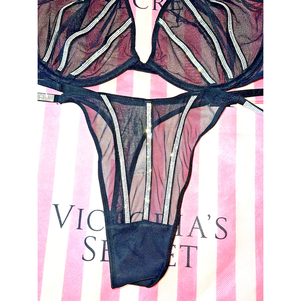 Victorias Secret Bra Very Sexy Low Cut Demi Black Bling 36D Large Panty - Picture 3 of 4